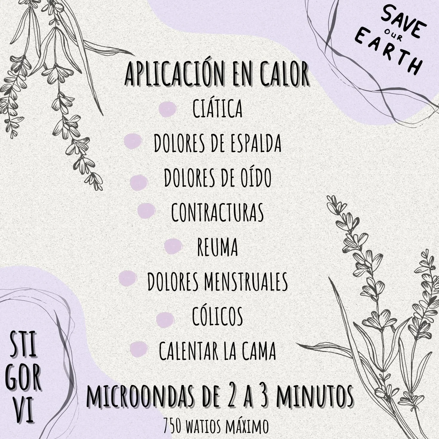 Saco térmico microondas 13cmx31cm funda lavable semillas naturales lavanda