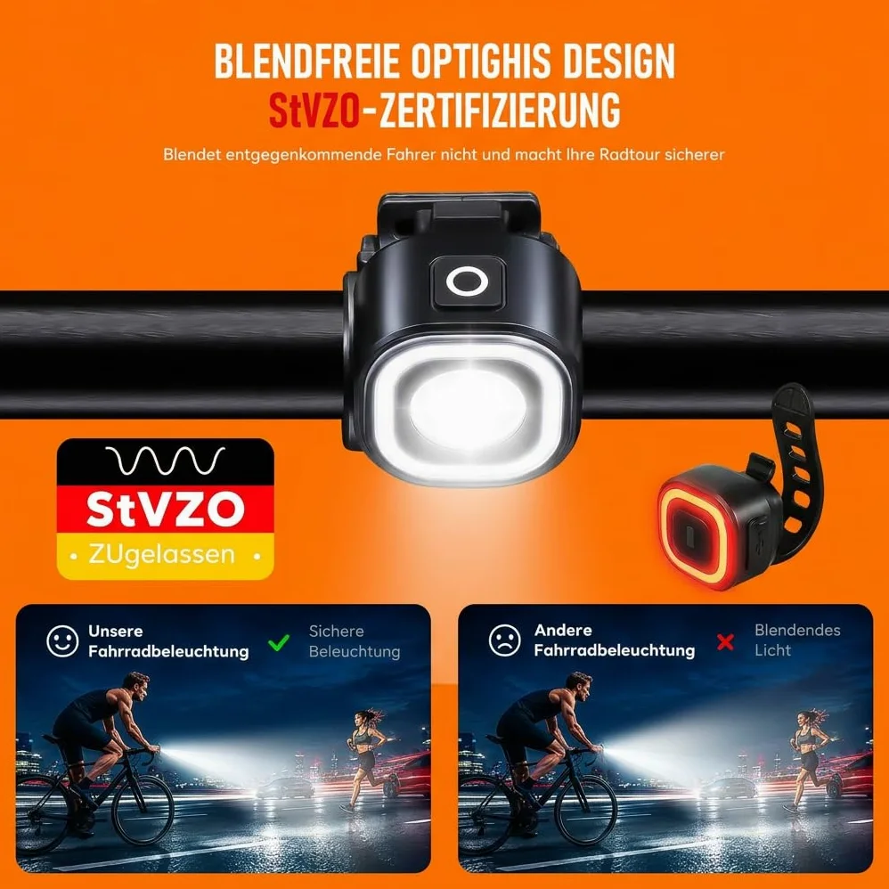 Juego de luces LED para bicicleta, homologadas por StVZO, luz de bicicleta recargable con luz de freno inteligente, luz trasera, IPX5, resistente al agua y a los golpes, juego de luces de bicicleta
